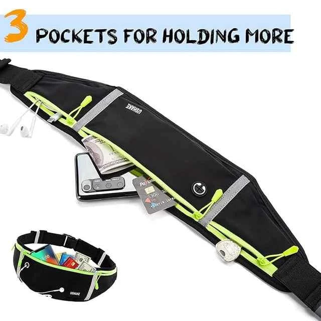 Slim Running Belt with 3 Pouches - Workout Fanny Pack for Men & Women (Black)