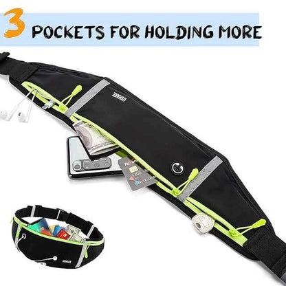 Slim Running Belt with 3 Pouches - Workout Fanny Pack for Men & Women (Black)