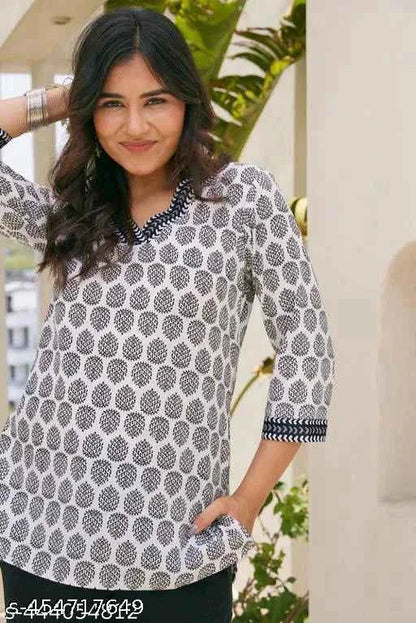 Stylish White Multicolor hand block print cotton kurti for Girls and Women