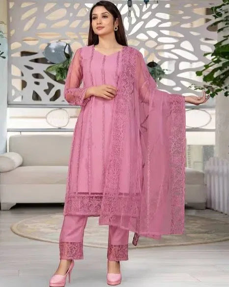 Exquisite Women's Net Kurti Set with Dupatta and Bottomwear