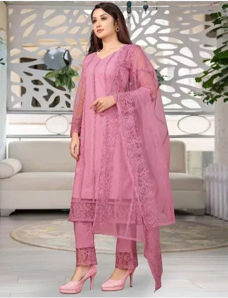 Exquisite Women's Net Kurti Set with Dupatta and Bottomwear