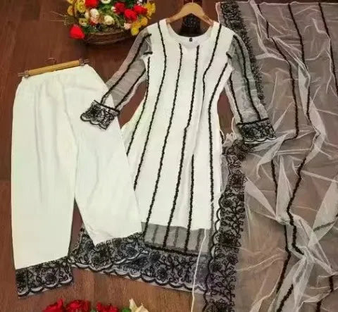 Women's Net Kurti Set with Dupatta & Bottomwear - Elegant Party Wear