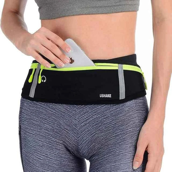 Slim Running Belt with 3 Pouches - Workout Fanny Pack for Men & Women (Black)