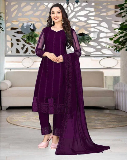 Women's Net Kurti Set with Dupatta & Bottomwear - Elegant Ethnic Wear