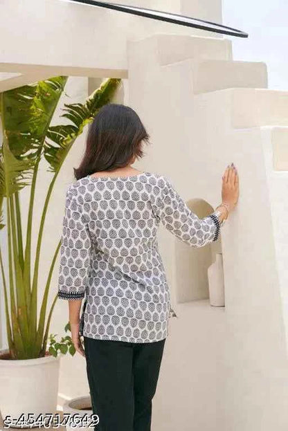 Stylish White Multicolor hand block print cotton kurti for Girls and Women