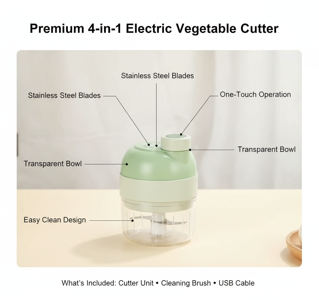 4-in-1 Wireless Electric Vegetable Cutter & Food Processor - Portable Garlic Chopper