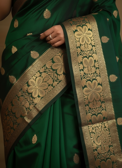 Green Banarasi Silk Woven Saree for Women - Traditional Indian Wedding Saree 6.3m