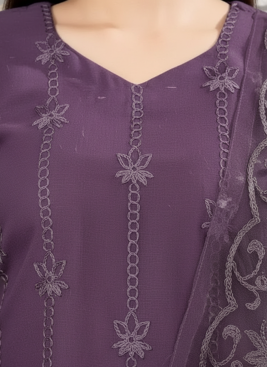 Women's Cotton Kurti Set with Dupatta and Palazzo - 3 Piece Ethnic Dress Purple S