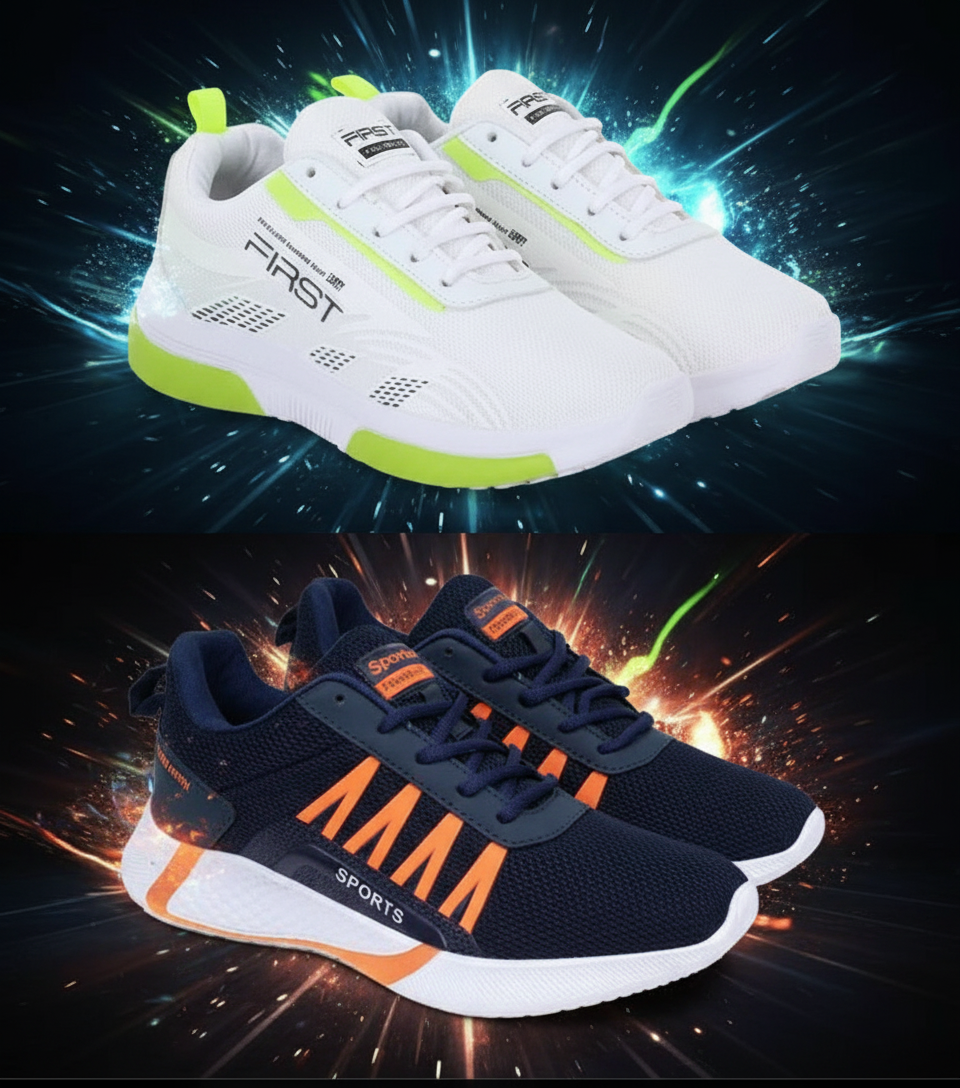 Men's Sports Shoes White & Blue - Comfortable Running Sneakers Pack of 2 (Size 10)