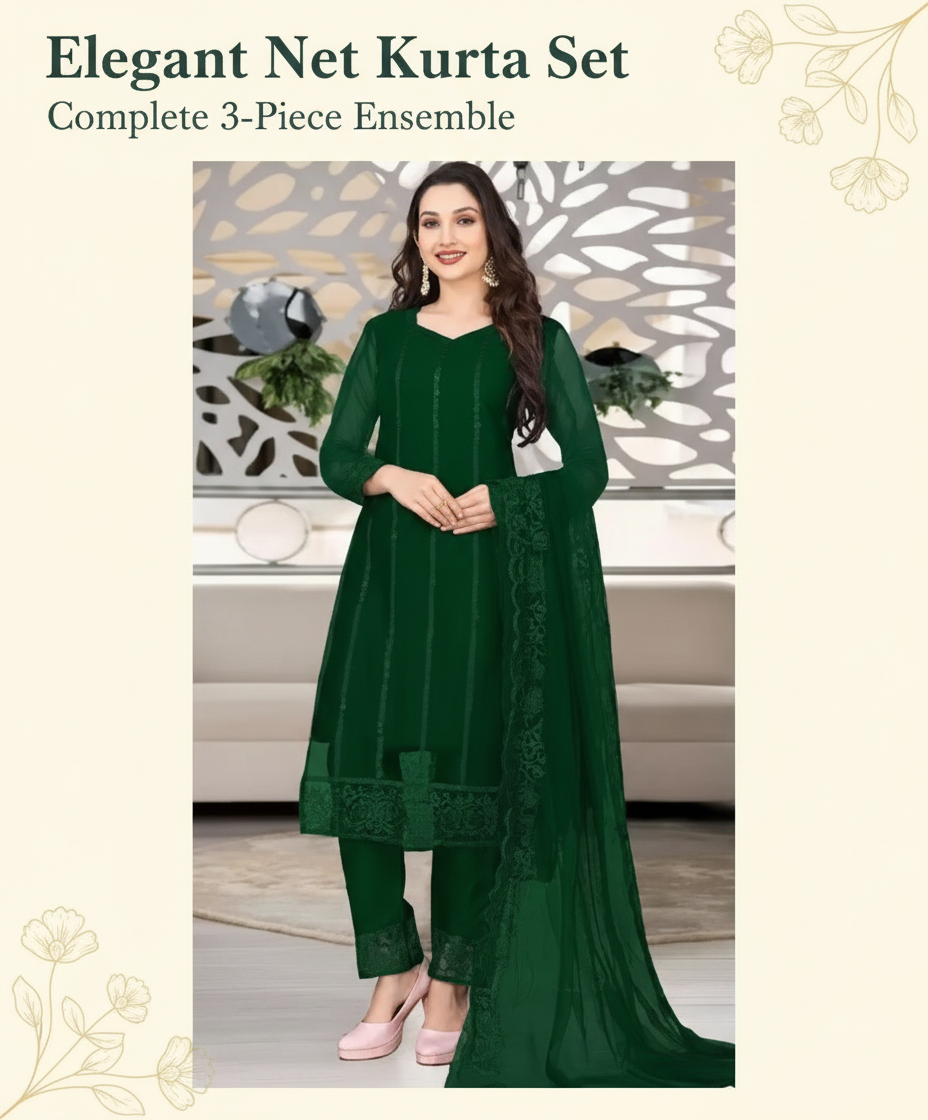 Elegant Women's Net Kurta Set with Dupatta and Bottomwear