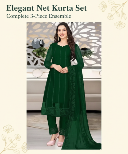 Elegant Women's Net Kurta Set with Dupatta and Bottomwear
