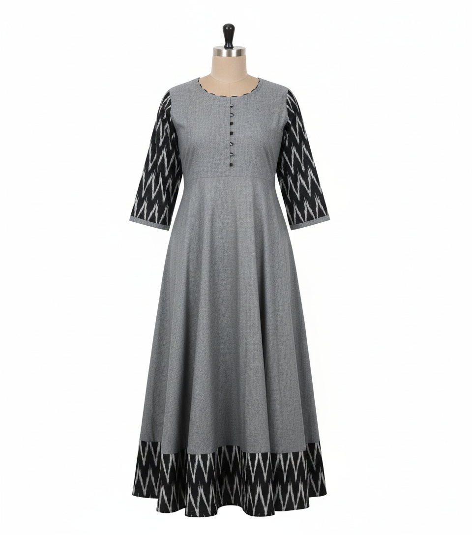 Women's Solid Cotton Gown - Traditional Grey Ethnic Wear