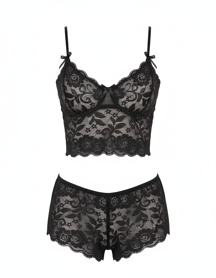 Women's Satin Babydoll Nightwear - Black Lingerie Set (XXS)