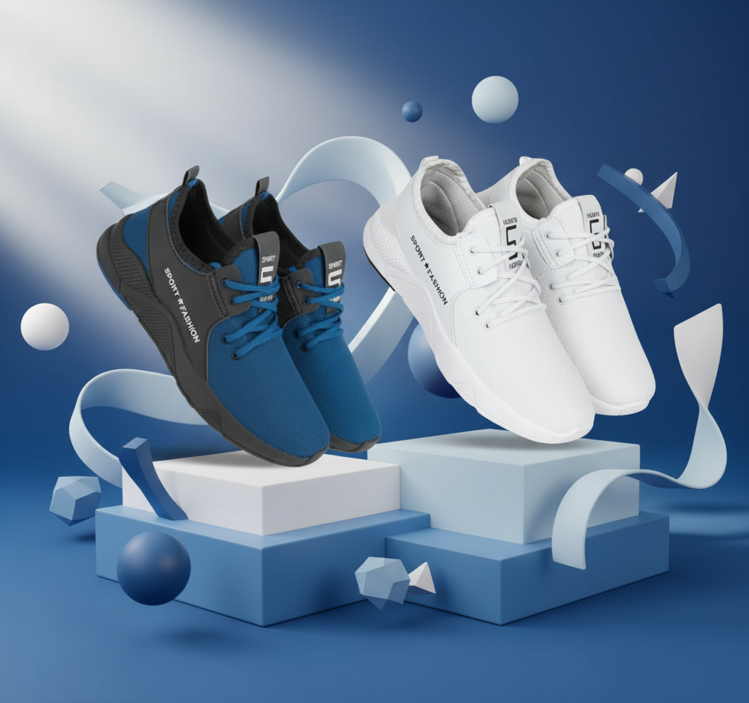 Men's Sports Shoes White & Blue - Comfortable Running Sneakers Pack of 2