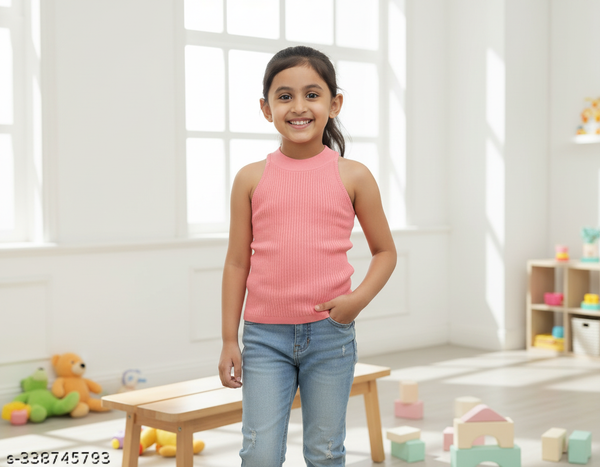 Girls Cotton Blend Solid Top - Pink (2-10 Years)