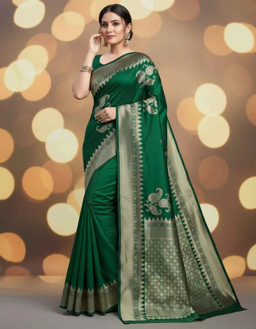 Elegant Green Banarasi Silk Saree with Blouse - Premium Handloom Wedding Wear