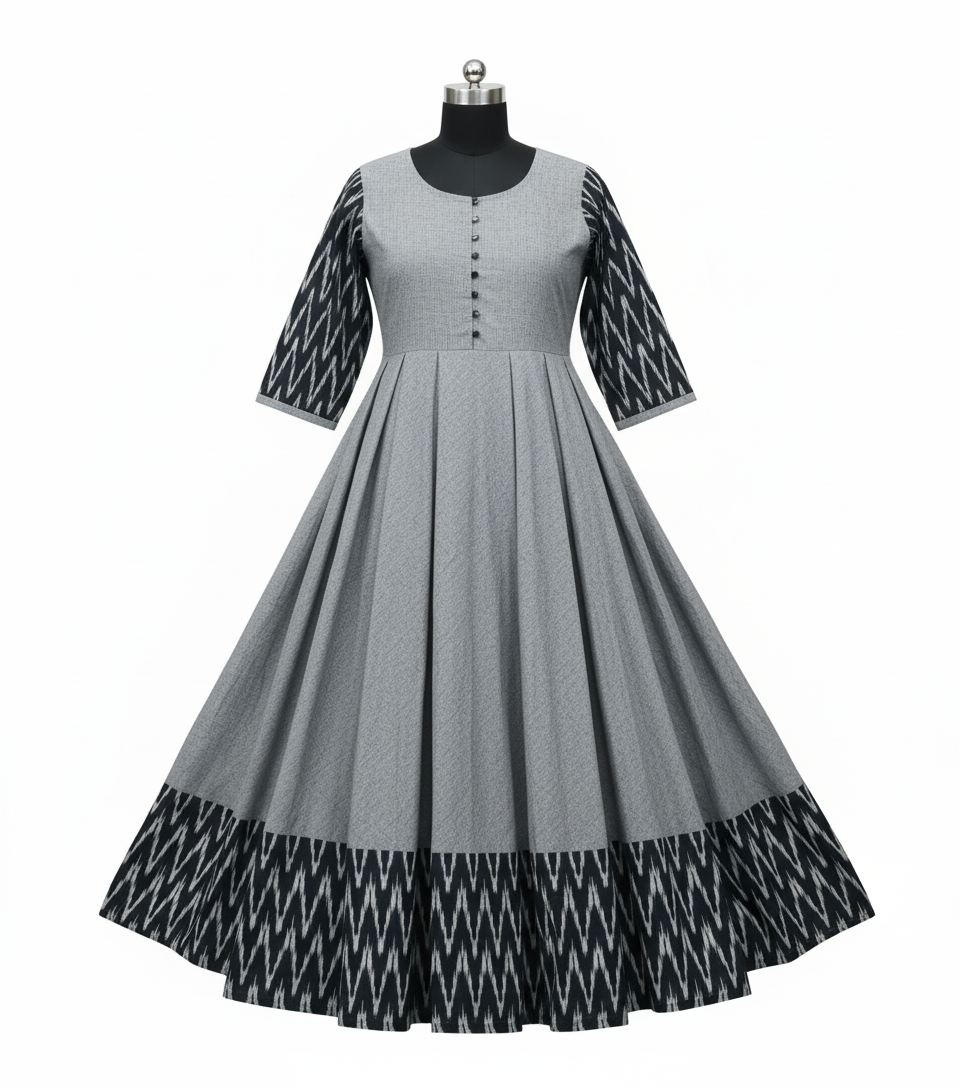 Women's Solid Cotton Gown - Traditional Grey Ethnic Wear