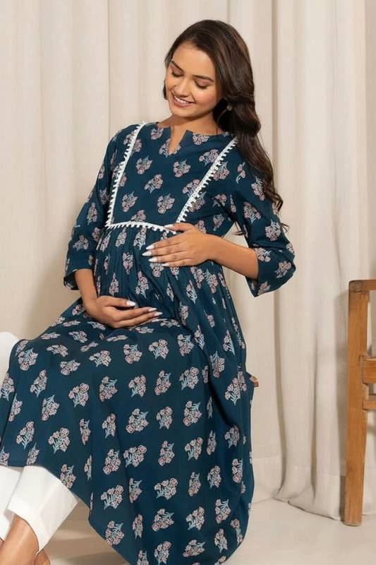 Dark Teal Floral Printed A-Line Maternity Kurta | Notch Neck Nursing Kurta