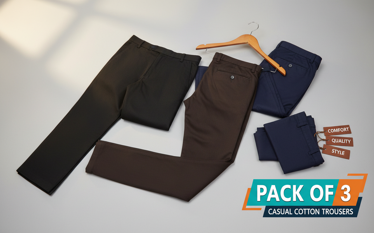 Men's Cotton Trousers - Comfortable Casual Pants (Pack of 3)