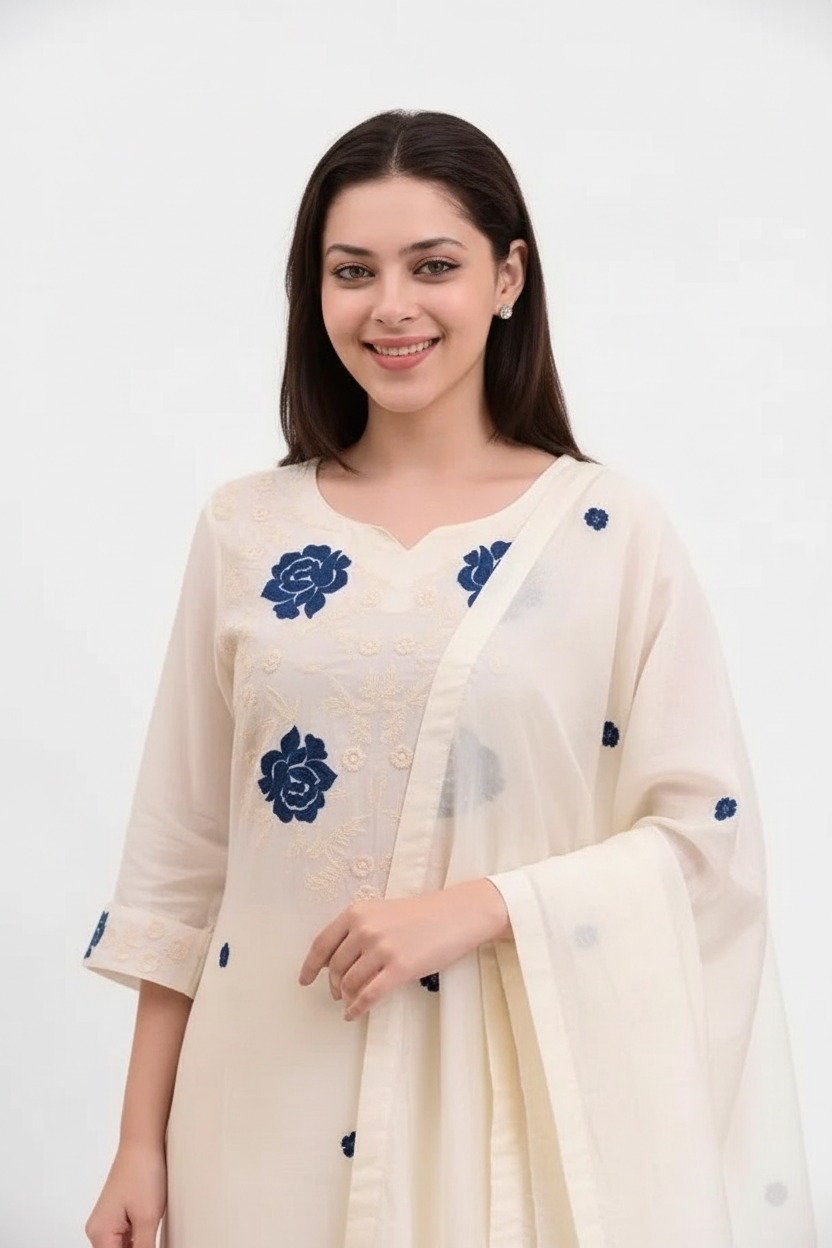 Women's White Kurta Set with Blue Floral Embroidery - Dupatta & Pants | Noor Collection