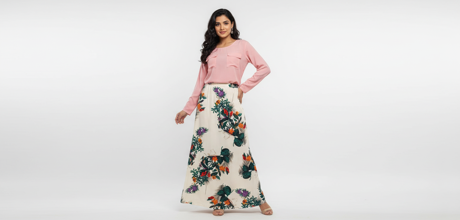 Women's Rayon Top with Skirt Set - Pink Multi Color Printed Ethnic Wear