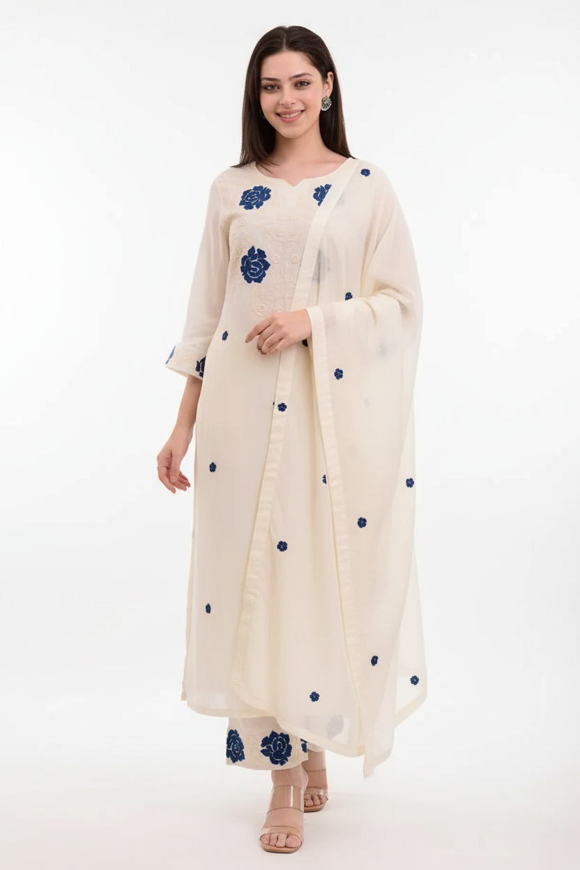 Women's White Kurta Set with Blue Floral Embroidery - Dupatta & Pants | Noor Collection
