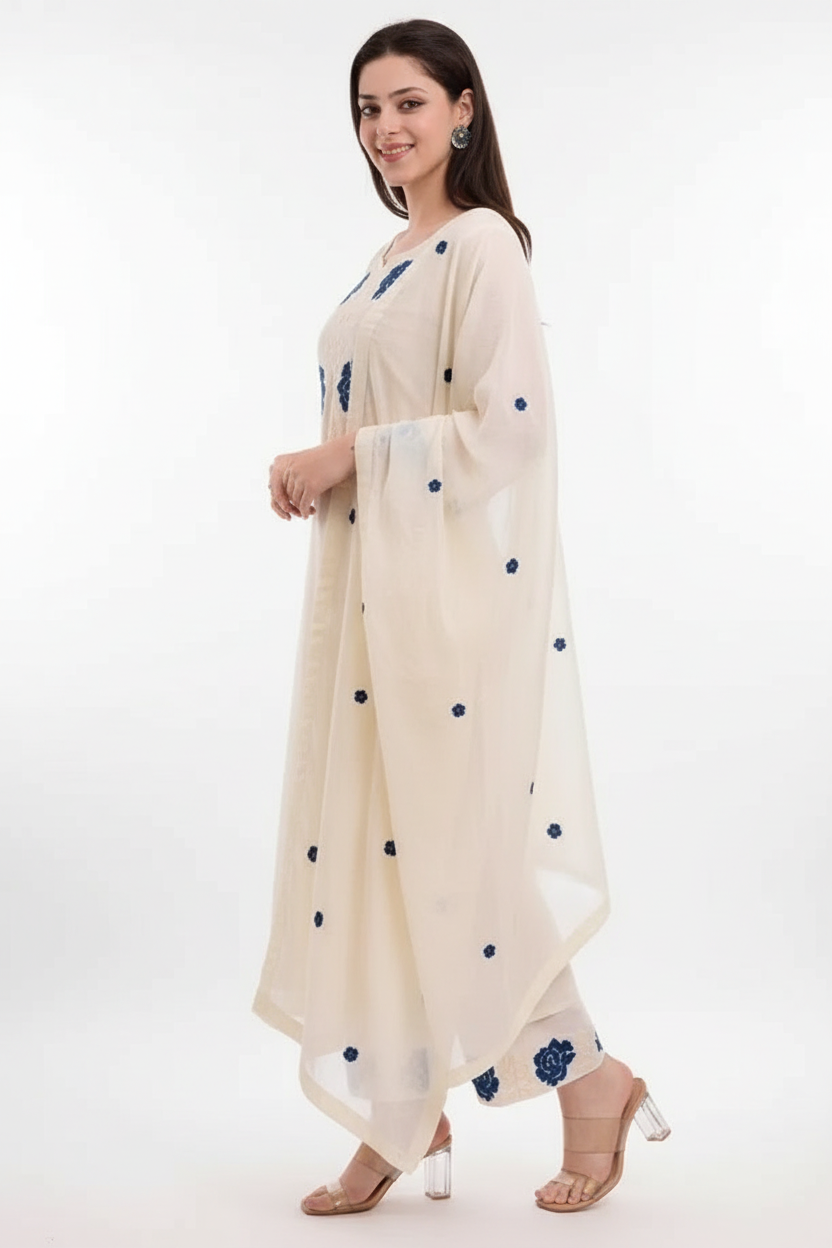 Women's White Kurta Set with Blue Floral Embroidery - Dupatta & Pants | Noor Collection