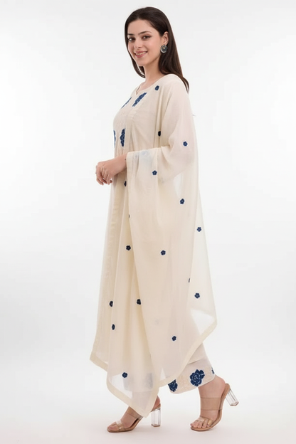 Women's White Kurta Set with Blue Floral Embroidery - Dupatta & Pants | Noor Collection