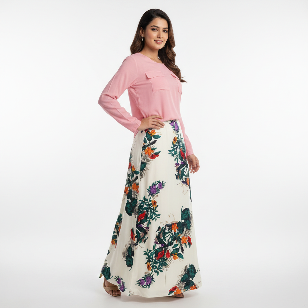 Women's Rayon Top with Skirt Set - Pink Multi Color Printed Ethnic Wear