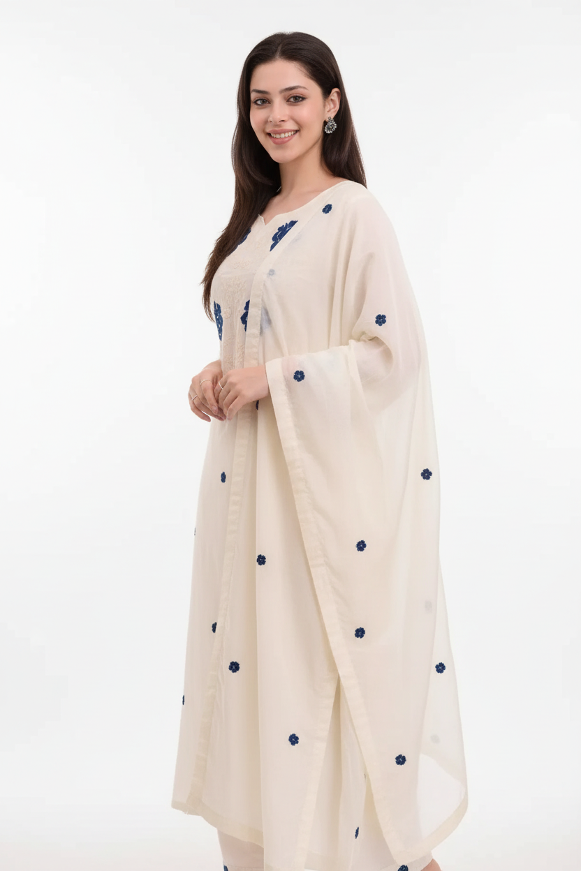 Women's White Kurta Set with Blue Floral Embroidery - Dupatta & Pants | Noor Collection