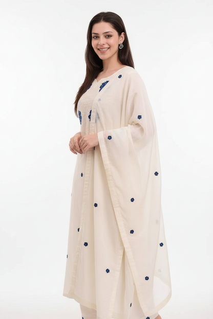 Women's White Kurta Set with Blue Floral Embroidery - Dupatta & Pants | Noor Collection