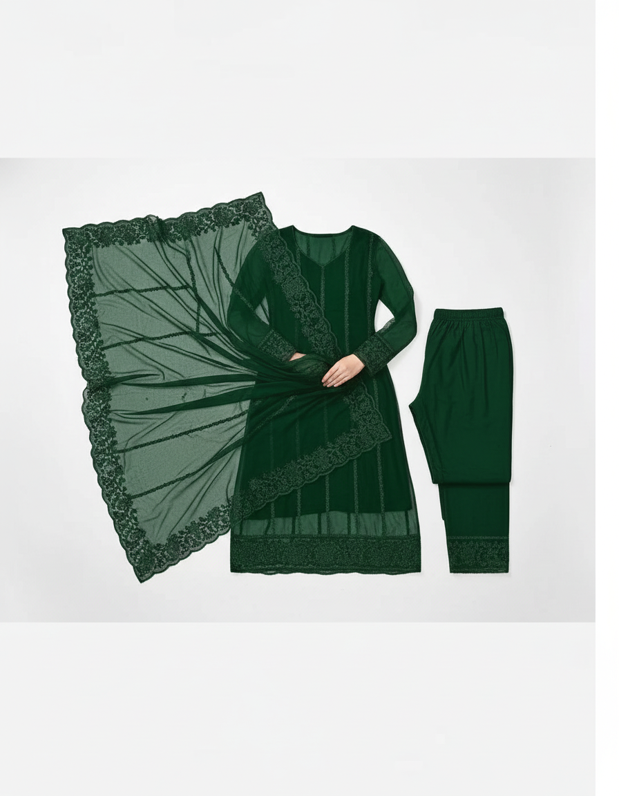 Elegant Women's Net Kurta Set with Dupatta and Bottomwear