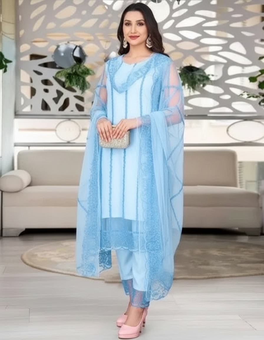 Elegant Women's Net Kurti Set with Dupatta and Bottomwear