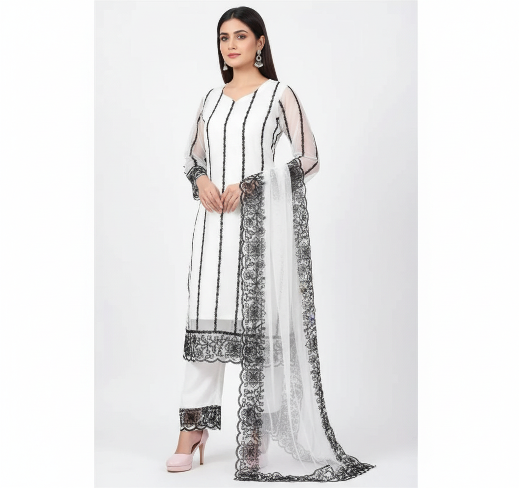 Women's Net Kurti Set with Dupatta & Bottomwear - Elegant Party Wear