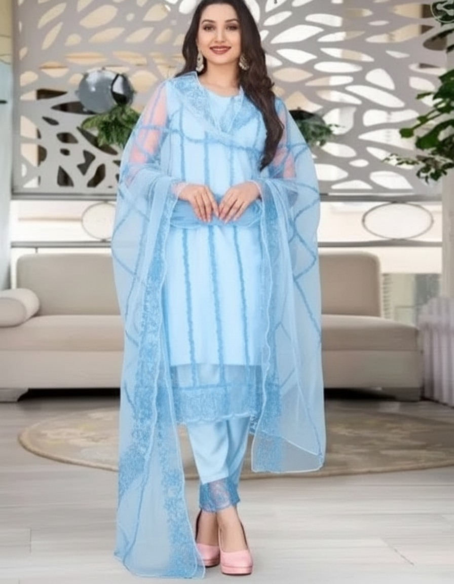 Elegant Women's Net Kurti Set with Dupatta and Bottomwear