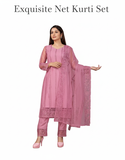 Exquisite Women's Net Kurti Set with Dupatta and Bottomwear
