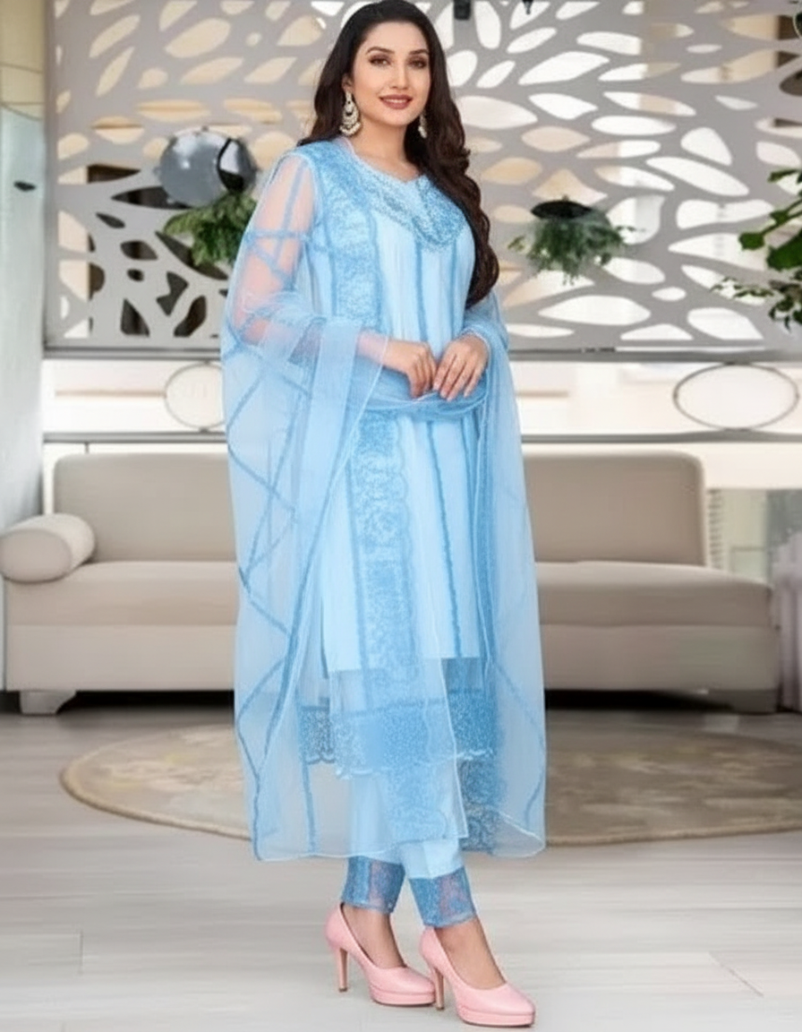 Elegant Women's Net Kurti Set with Dupatta and Bottomwear