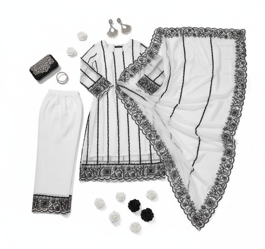 Women's Net Kurti Set with Dupatta & Bottomwear - Elegant Party Wear