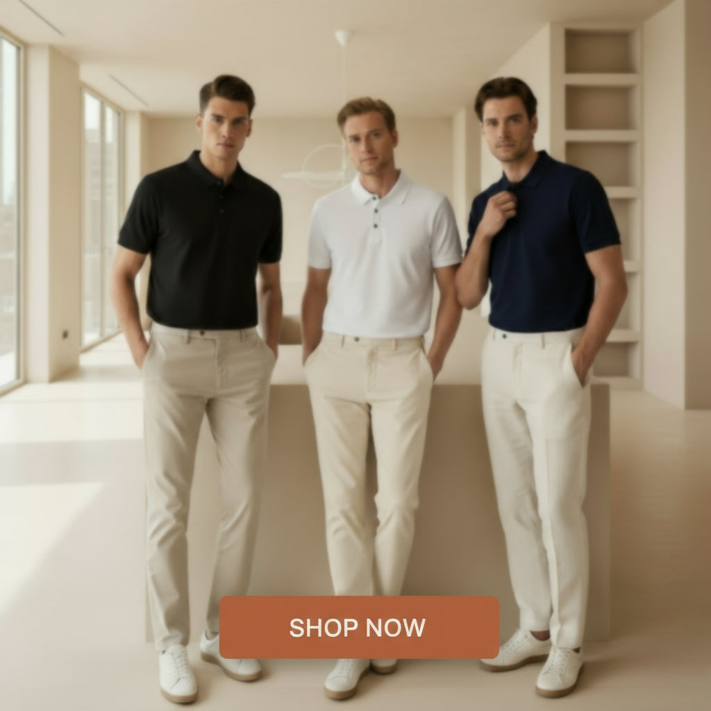 Two folded polo shirts, one black and one navy, on a light gray background.
