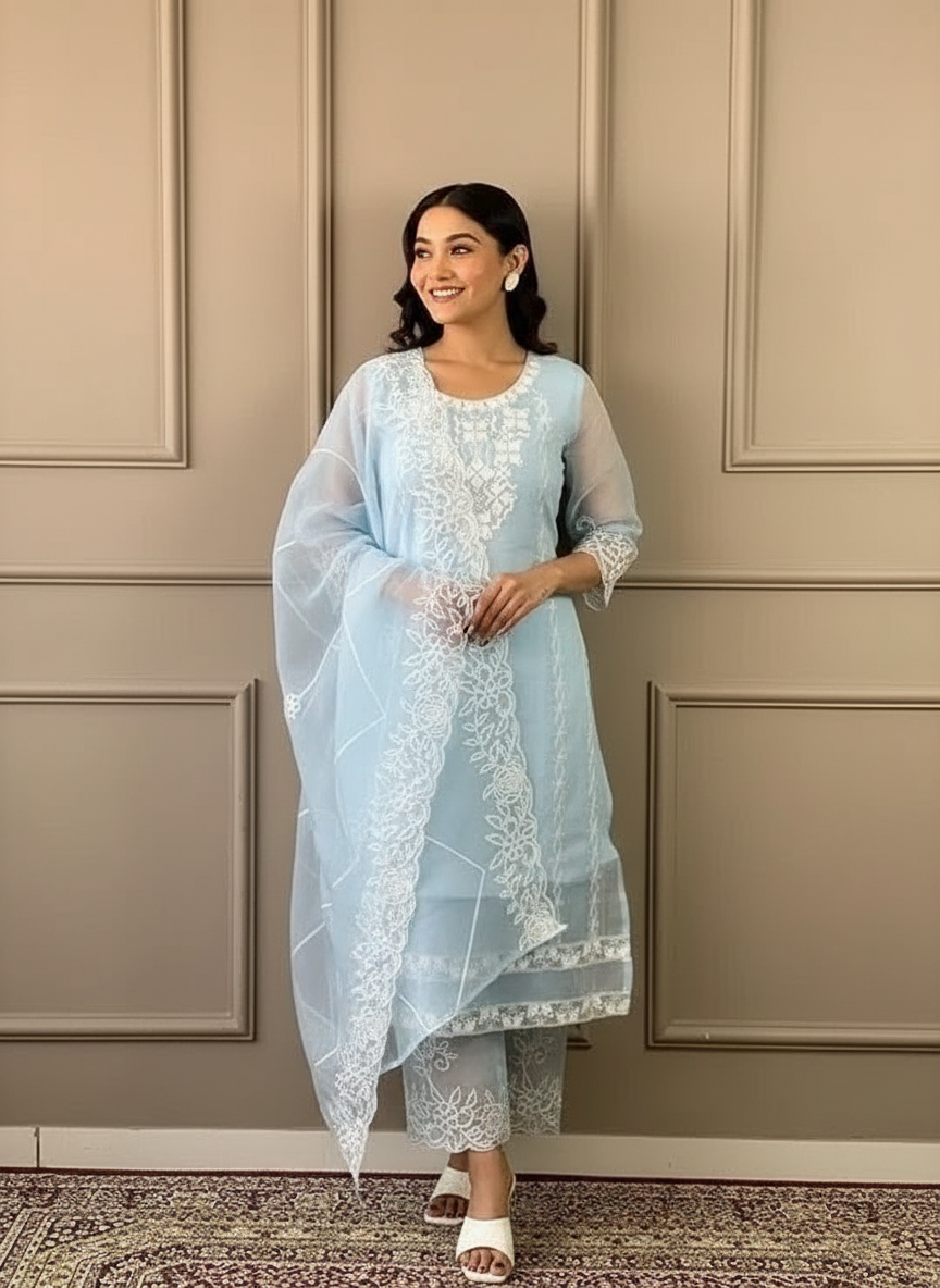 Graceful Women's Organza Kurta Set with Dupatta and Bottomwear