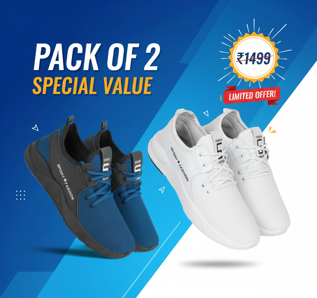 Men's Sports Shoes White & Blue - Comfortable Running Sneakers Pack of 2