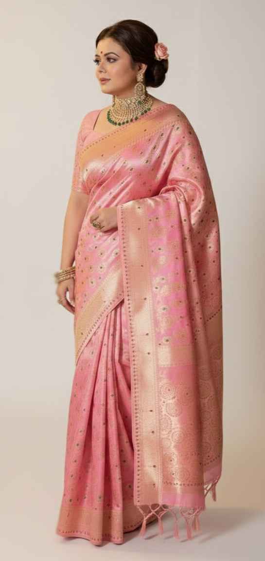 Elegant pink Jacquard Woven Saree (6.3M) for Festive & Wedding Wear