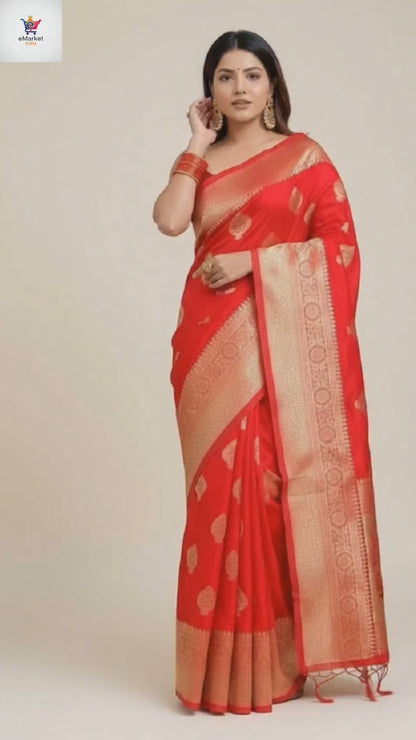 Red Jacquard Printed Saree for Women - Traditional Indian Ethnic Wear 6.3m