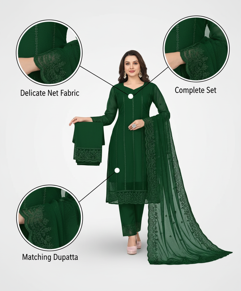 Elegant Women's Net Kurta Set with Dupatta and Bottomwear