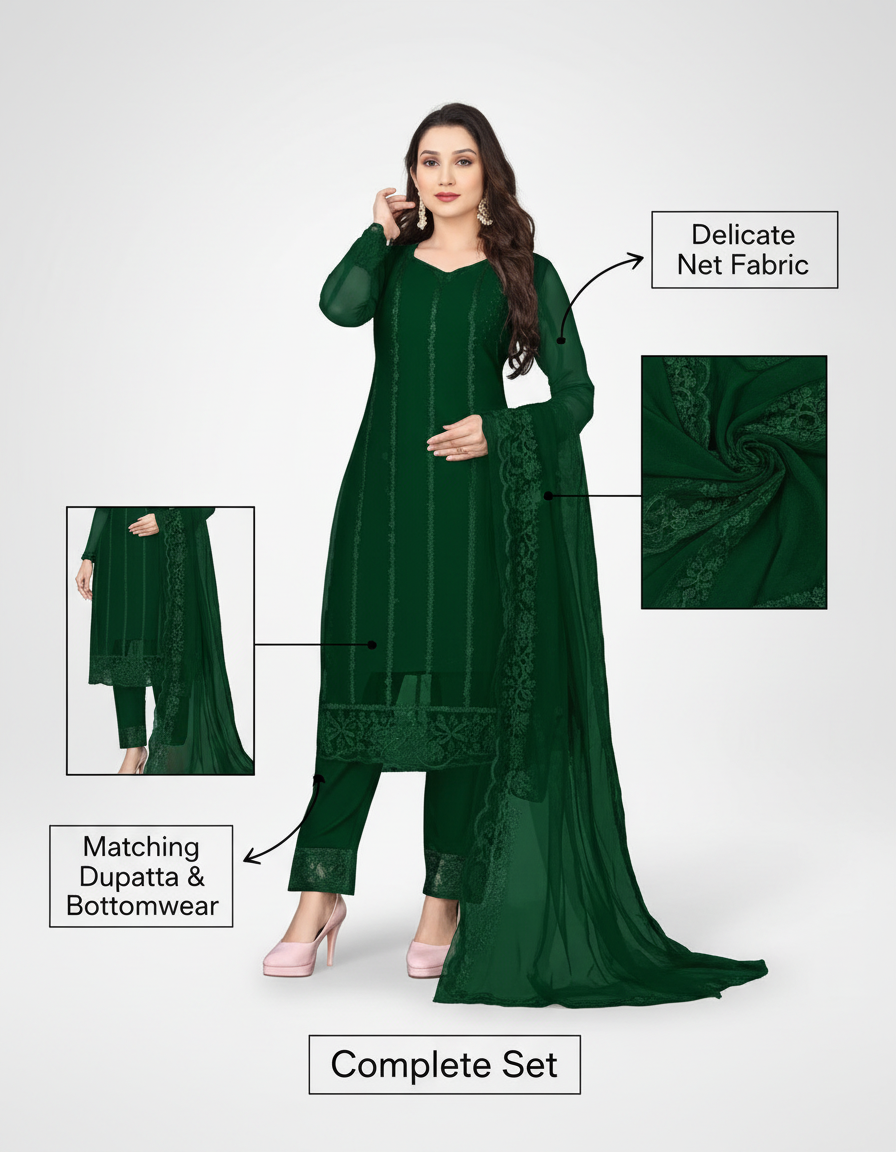 Elegant Women's Net Kurta Set with Dupatta and Bottomwear