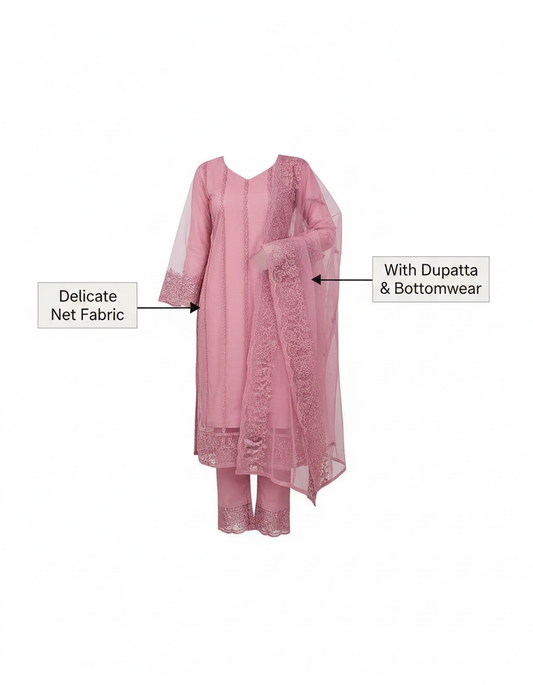 Exquisite Women's Net Kurti Set with Dupatta and Bottomwear