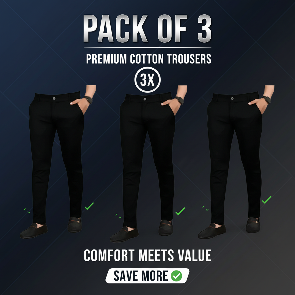 Men's Cotton Trousers - Comfortable Casual Pants (Pack of 3)