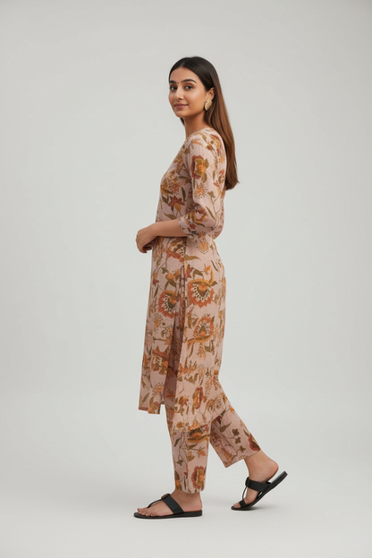 Cotton Printed Kurti with Pant Set for Women - Multicolor Ethnic Wear (Size S)