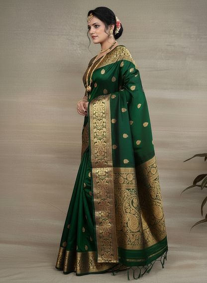 Green Banarasi Silk Woven Saree for Women - Traditional Indian Wedding Saree 6.3m