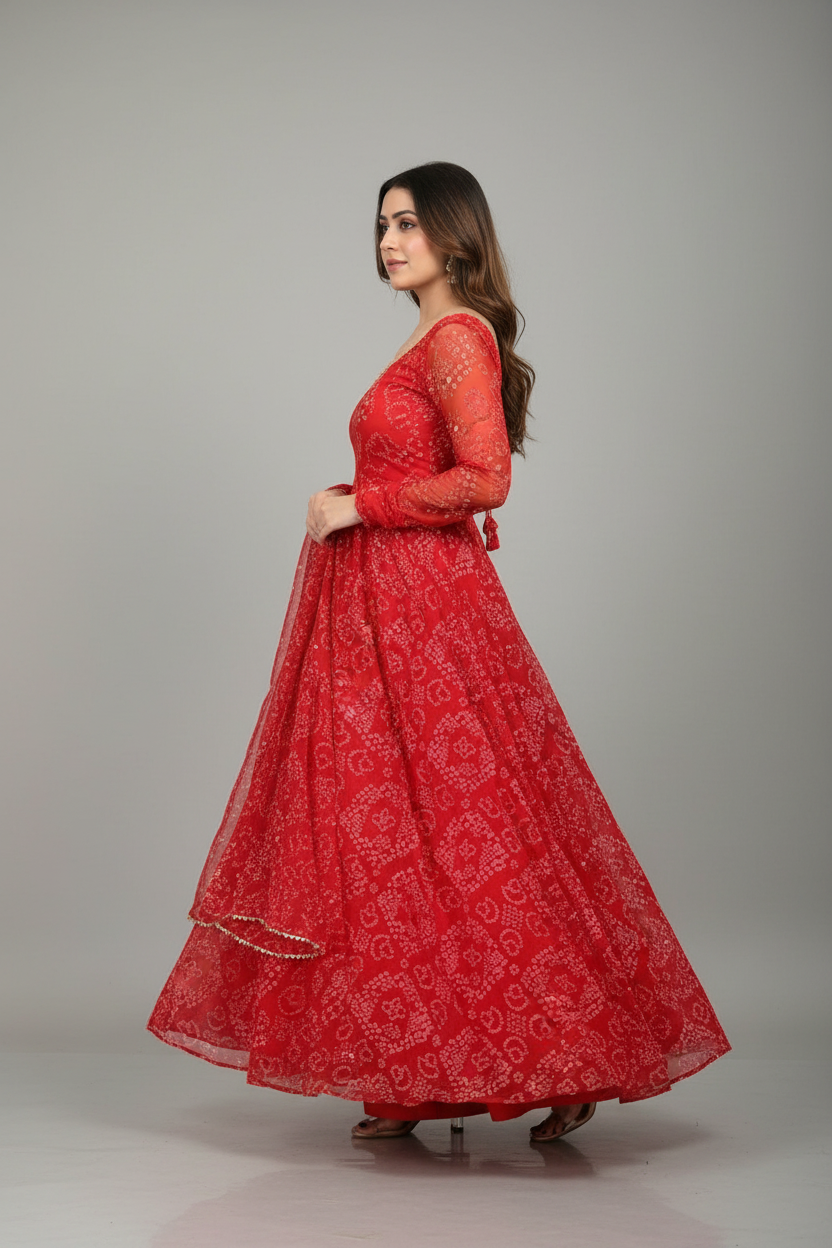 Red Bandhani Style Gown for Women - Traditional Ethnic Party Wear